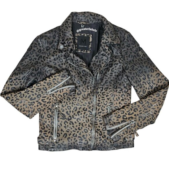 New Mauritius Vicki Leopard Print Leather Moto Jacket $350 Size 10